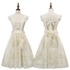 Beige Lace-Trimmed Lolita Overdress with Embroidered Pocket