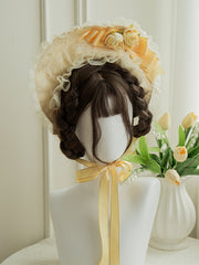 Yellow Floral Bowknot Decorated Lace Trim Bonnet