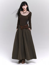 Vintage Coffee A-Line Maxi Dress with Metallic Eyelets & Side Pockets