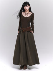 Vintage Coffee A-Line Maxi Dress with Metallic Eyelets & Side Pockets