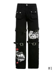 Y2K Black Straight-leg Pants with Buckle Straps , Snap Cuffs and Punk Print