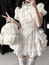 White Gothic Jirai Kei Set: Dress with Puffy Sleeves & Flowing Side Train,Shorts and Bow Tie