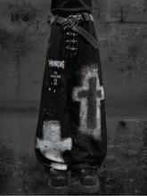 Y2K Dark Blue Wasteland Punk Wide-Leg Jeans with Cross and Paint Splatter Design
