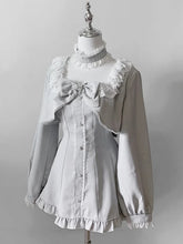 Jirai Kei Gray Long Sleeve Full Set : Lace-Trimmed Square Neck Top & Shorts with Detachable Bow Tie and Choker