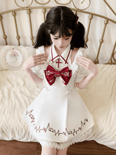 Yami Kawaii Red Cross Embroidered White Lace Halter Dress with Cutout Shoulders and Heartbeat Print Skirt