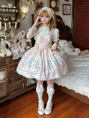 Teddy and Bunny Plush Toy Print Creamy White Sweet Lolita Overall Dress