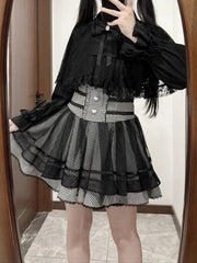 Heart Button Detailed Skirt - Jirai Kei Black & White Plaid High-Waist Tiered Design
