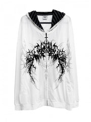 Black/White Lightweight Gothic Striped-Lined Hoodie with Dark Fantasy Print