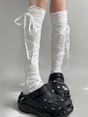 White/Black/Gray Ballet-Style Strappy Bow Design Calf Socks