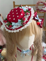 Sweet Lolita Red Strawberry Bow Lace Polka-dot Mini Hat