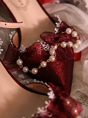 Wine Red Beaded Chain Pointed Toe Hime Lolita Middle Heels