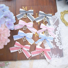 Four Colors Jirai Kei Plaid Bowknot Hairclips with Heart Charm