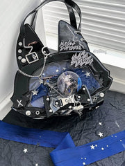 Punk Cat Polished Black PU Tote Ita Bag with Chain and Studs and a Free Card Holder