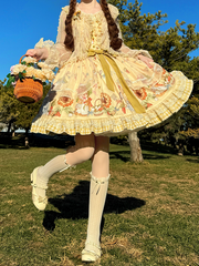 Yellow Bunny and Sunflower Print Sweet Lolita JSK Dress with Overlay and Plaid Hem