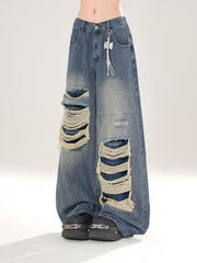 Vintage Kawaii Blue Wide-Leg Jeans with Distressed Detailing