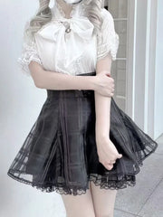Jirai Kei Black Plaid Skirt with Organza Overlay and Lace-up Back