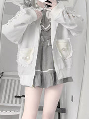 White Jirai Kei Plush Bunny Ear Jacket with Sleeve Lace-Up Detail & Decorative Crossed Pins Back