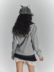 Gray Punk Two-in-One Crop Hooded Jacket with Wing Embroidery & Inner Striped Hoodie