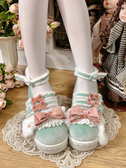 Sweet Green & Pink Mary Jane Shoes - Cozy Plush Interior with Rabbit Ear Bow & Lace Edging