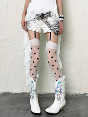 White Y2K Suspender Tights With Black Polka-dot Pattern