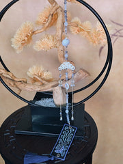 White Chinese Style Beaded Chain - Cloud Accents, Blue Tassel Charm & Goldfish Embroidery Patch