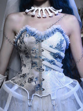 Half White Half Dusty Blue Corpse Bride Floral Embroidery Goth Boned Corset Top