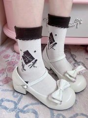 White Chocolate Print Bowknot Details Lolita Calf Socks