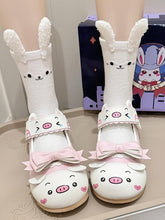 White Flat Shoes in PU - Scalloped Trim Featuring Removable Bow & Cute Pig Print