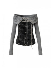Vintage Grey Punk Knit Top with Denim Panels & Off-Shoulder Design