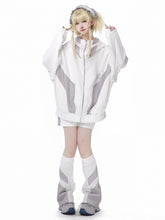 White and Gray Mesh Splicing Zip Hoodie Jirai Kei Sweatshirt