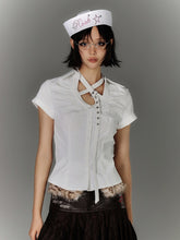 Y2K White Buckle Strap Neckline Butterfly Cutout Detail Back Shirt