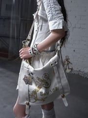 Gold Ship Anchor Print Punk Distressed Design Black/White PVC Crossbody Bag