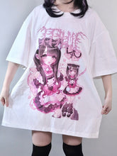 White Jirai Kei Cartoon Girl Print Round Neck Oversized T-shirt