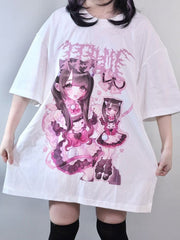 White Jirai Kei Cartoon Girl Print Round Neck Oversized T-shirt