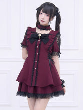 Jirai Kei Wine Red Set: Mini Dress with Side Lace-up & Black Lace Trim and Matching Skirt