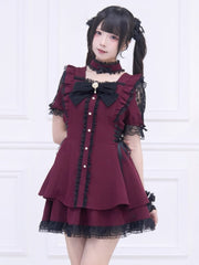 Jirai Kei Wine Red Set: Mini Dress with Side Lace-up & Black Lace Trim and Matching Skirt