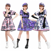 Disco Square Neckline Short Puff Sleeves Print Sweet One Piece