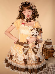 Yellow Dropped Waist Bowknot Details Layered Hem Sweet Lolita Dress