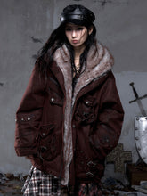 Heavy-Duty Dark Red Punk Fuzzy Hood Coat with 3D Pockets & Diagonal Straps