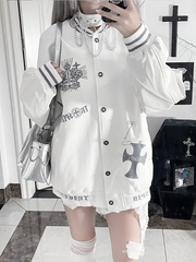Vintage Gothic White Baseball Jacketwith Gray Crown+Wing Print&Striped Cuff