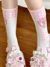 Pink Bear Print Bowknot Pattern Lolita White Calf Socks