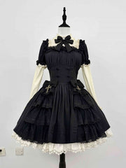 Black and Beige Old School Lolita Long Sleeves Gothic Dress Fake Two-pieces Design