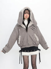 Y2K Bittersweet Bunny Ear Hoodie Blouson Jacket in Grey - Fleece lining, Studded Details & Ring Buckles
