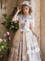 Plus Sizes Available Purple Floral Print and Embroidery Classic Lolita Short Sleeves Dress