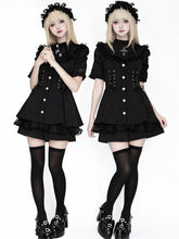 Jirai Kei All-Black Short Sleeve Dress Set with Detachable Bib Bow Tie, Corset Lace-Up Waist & Matching Shorts