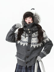 Navy Blue/Grey Daily Kawaii Cardigan with Toggle Button Closure & Jacquard Pattern