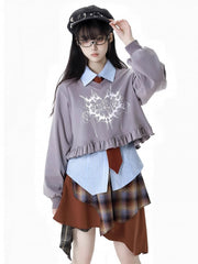 Light Blue Stripes Asymmetrical Hem Preppy Shirt with Free Tie