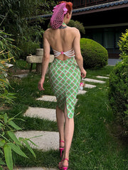 Vintage Green Plaid and Floral Pattern Backless Sheath Dress