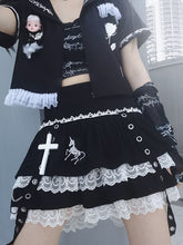 Y2K High Waist Eyelet Belt Lace-trimmed Tiered Skirt