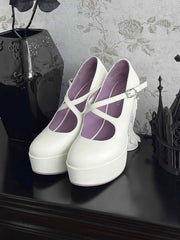 White Gothic Platform Heels - Winged Sculptural Heel & Crisscross Buckle Straps